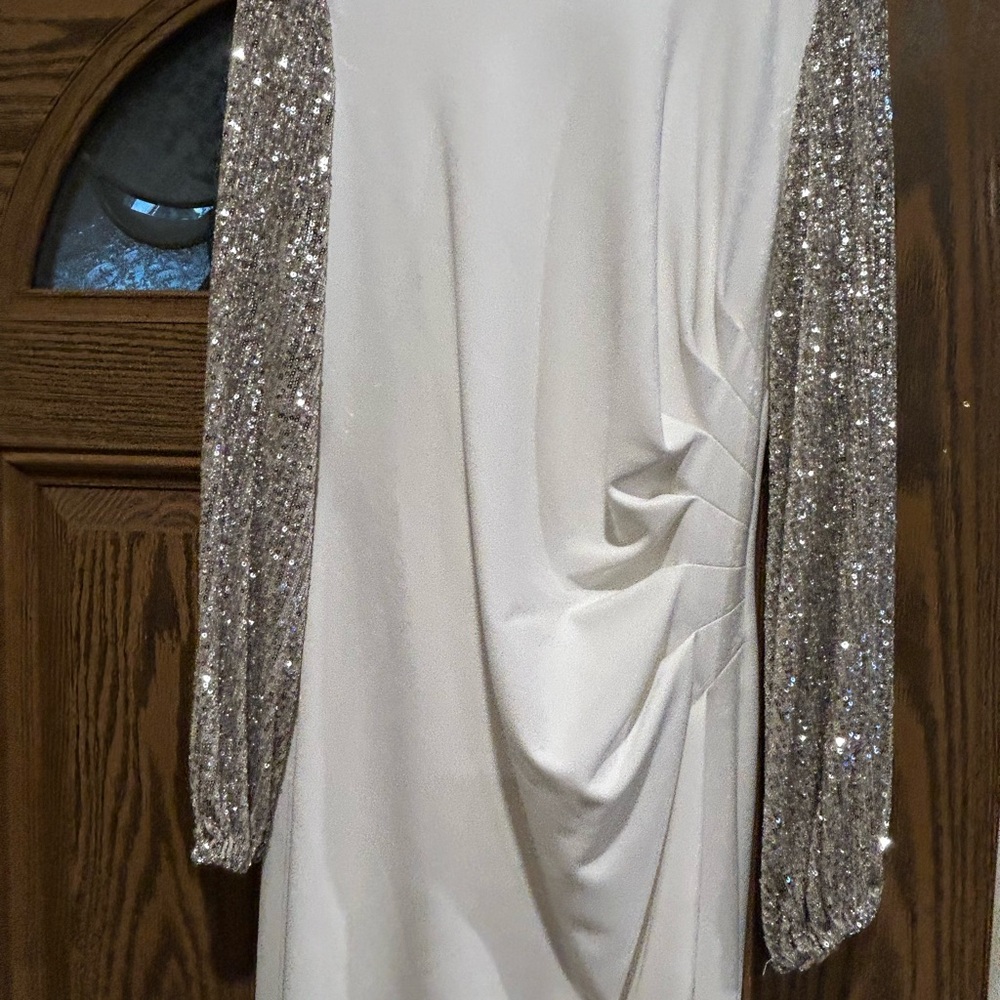 Elegant White Dress with Silver Sequin Sleeves